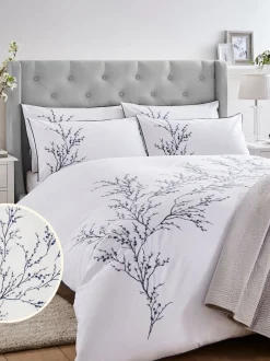 Laura Ashley 100% katoen perkal 200 draadtelling Pussy Willow Sprig geborduurd dekbedovertrek en kussensloopset