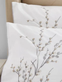 Laura Ashley 100% katoen perkal 200 draadtelling Pussy Willow Sprig geborduurd dekbedovertrek en kussensloopset