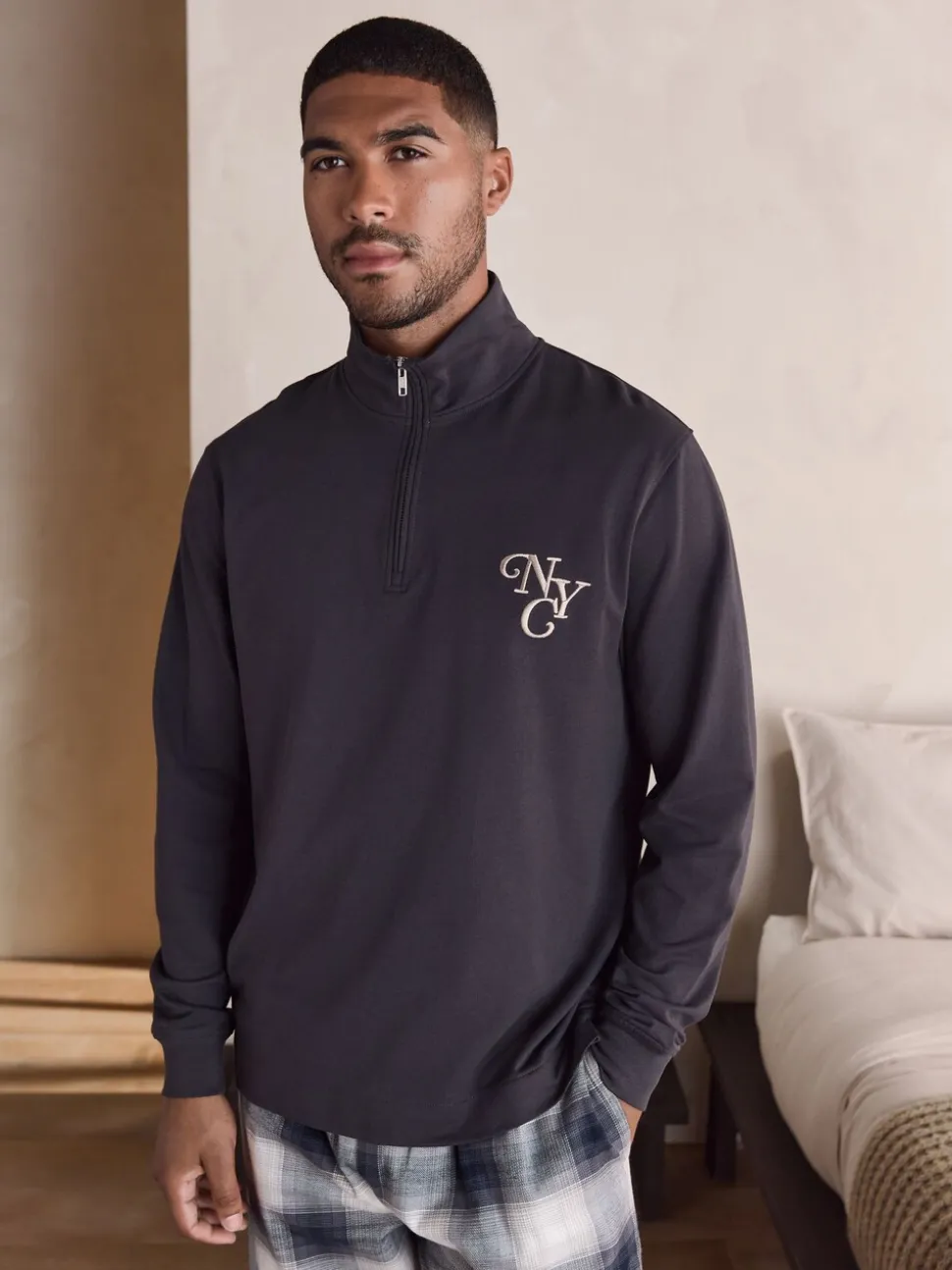 Leisteen grijs - Long Sleeve Embroidered Quarter Zip Pyjamas Set