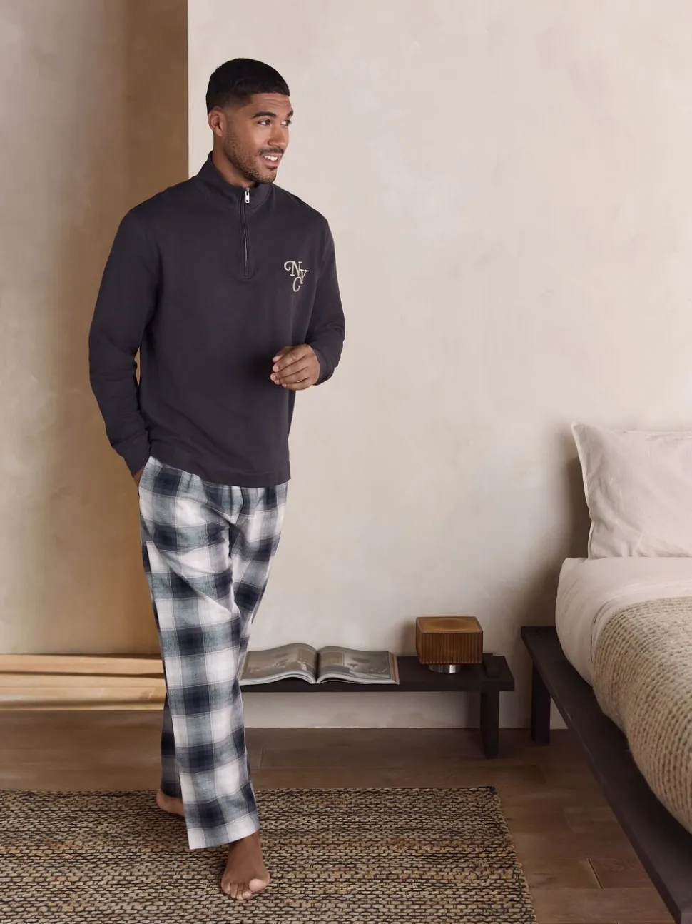 Leisteen grijs - Long Sleeve Embroidered Quarter Zip Pyjamas Set