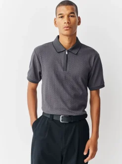 Leisteen grijs - Slim Fit - Net jacquard poloshirt