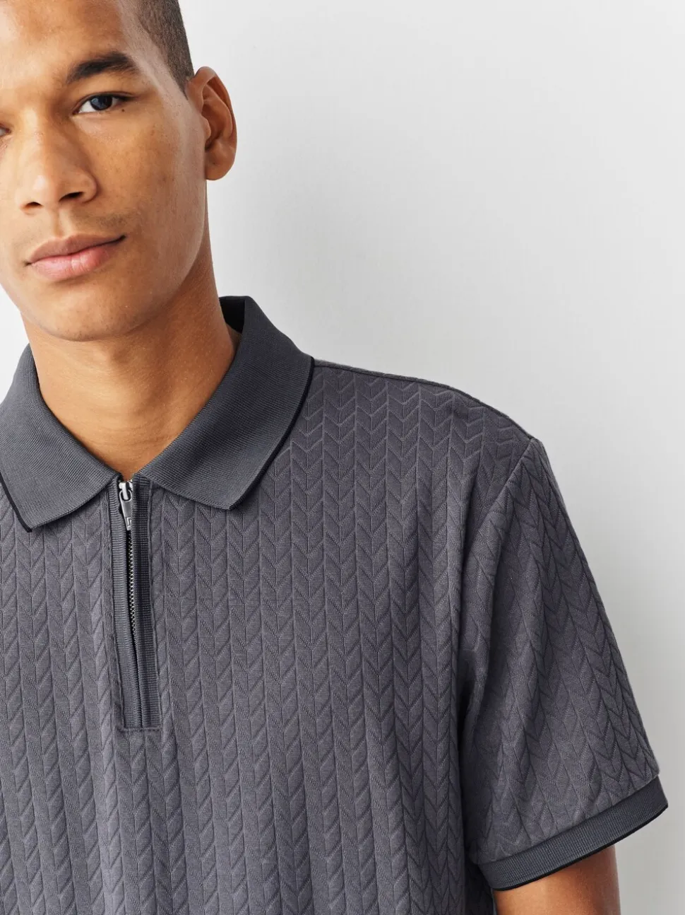 Leisteen grijs - Slim Fit - Net jacquard poloshirt