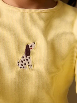 Lemon Yellow Dog - Long sleeve Embroidered Ribbed Top (3mths-7yrs)