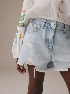 Lichtblauw - 100% katoenen shorts met gerafelde rand (3-16jr)