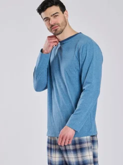 Lichtblauw - Loungeable Pyjama's Set van jersey top en geborstelde Ruit Broeken