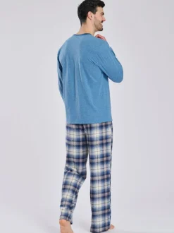Lichtblauw - Loungeable Pyjama's Set van jersey top en geborstelde Ruit Broeken
