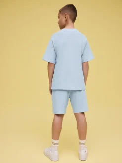 Lichtblauw - Set van T-shirt met textuur en korte mouwen en shorts (3 - 16 jr)