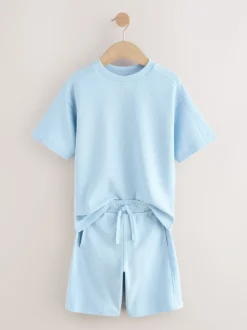 Lichtblauw - Set van T-shirt met textuur en korte mouwen en shorts (3 - 16 jr)