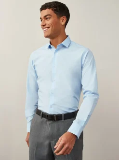 Lichtblauw - Slim Fit - Strijkvrij net overhemd met enkele manchet