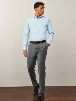 Lichtblauw - Slim Fit - Strijkvrij net overhemd met enkele manchet