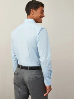 Lichtblauw - Slim Fit - Strijkvrij net overhemd met enkele manchet