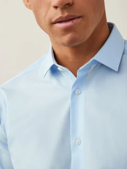 Lichtblauw - Slim Fit - Strijkvrij net overhemd met enkele manchet