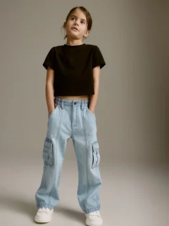 Lichtblauwe denim - Cargojeans met wijde pijpen (3-16 jr)