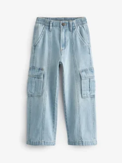 Lichtblauwe denim - Cargojeans met wijde pijpen (3-16 jr)