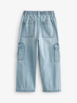 Lichtblauwe denim - Cargojeans met wijde pijpen (3-16 jr)