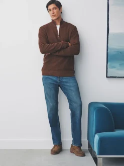 Lichtbruin - Effen - Regular Fit Cotton Rich Textured Premium Quarter Zip Jumper