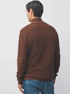 Lichtbruin - Effen - Regular Fit Cotton Rich Textured Premium Quarter Zip Jumper