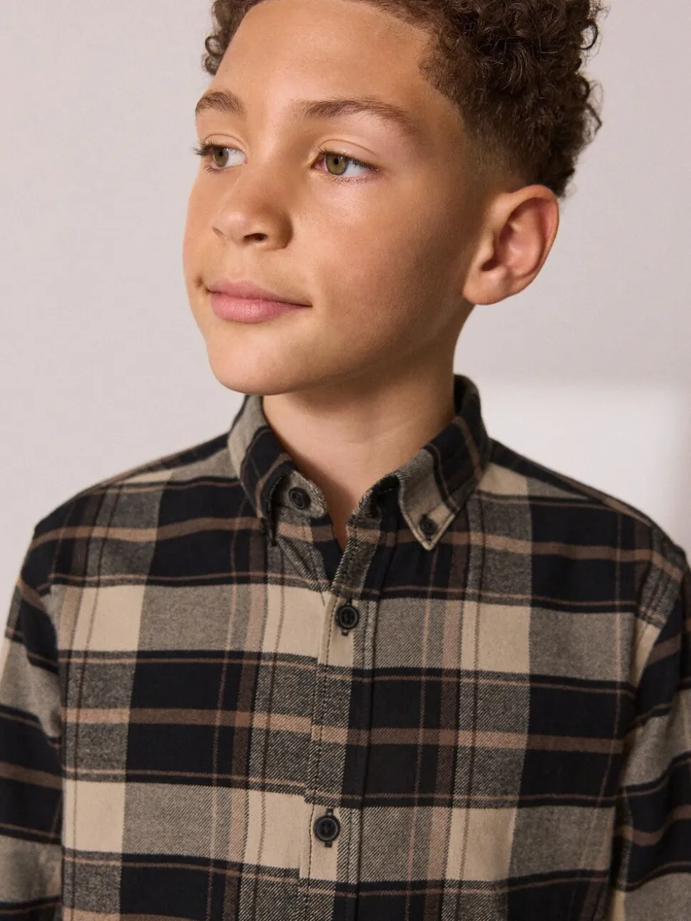Lichtbruin - Geruit overhemd met lange mouwen van geborsteld katoen (3-16jaar)