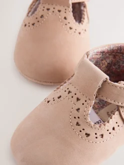Lichtbruin - Leren babyschoen met T-bandje (0 - 24 mnd)