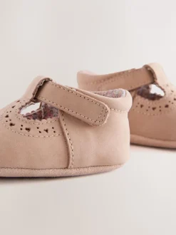 Lichtbruin - Leren babyschoen met T-bandje (0 - 24 mnd)