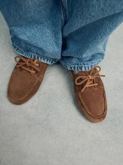 Lichtbruin - Leren bootschoenen met ronde neus