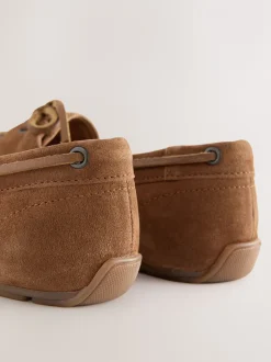 Lichtbruin - Leren bootschoenen met ronde neus