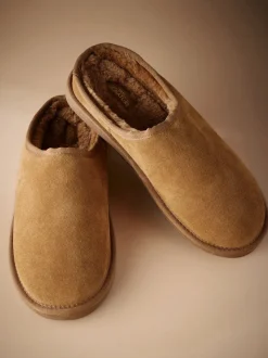 Lichtbruin - Met imitatiebont gevoerde Signature suède pantoffelmuiltjes