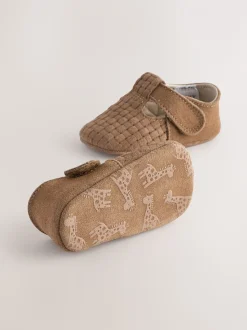 Lichtbruin geweven suède - Leren babyschoen met T-bandje (0 - 24 mnd)