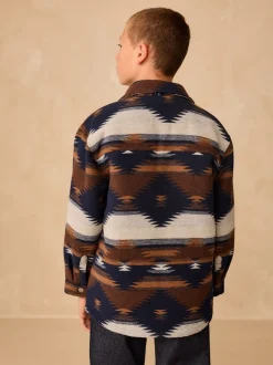 Lichtbruin/Marineblauw Ikat-patroon - Gevoerde shacket (3-16jr)