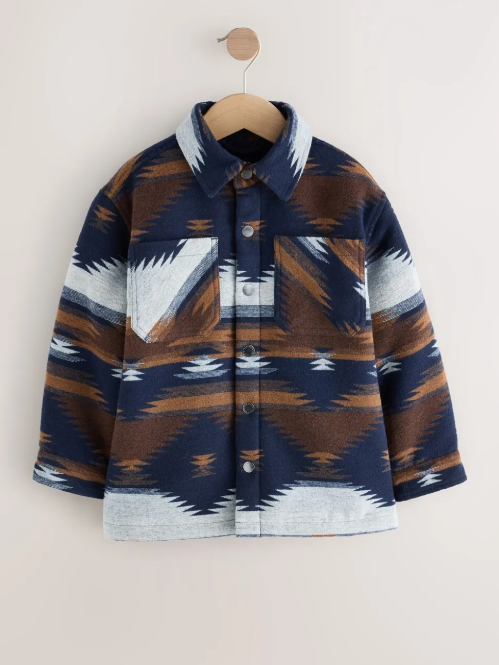 Lichtbruin/Marineblauw Ikat-patroon - Gevoerde shacket (3-16jr)
