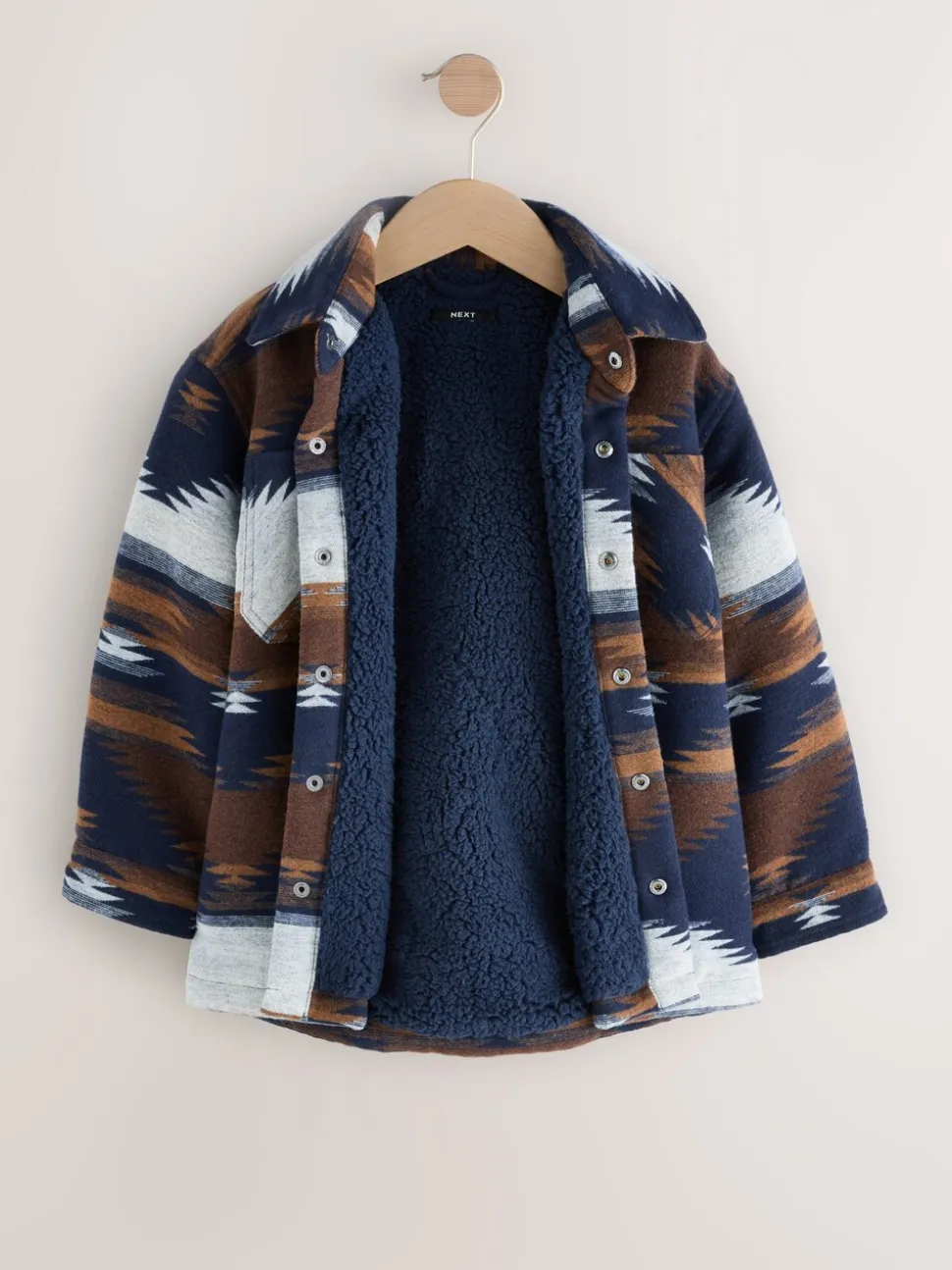 Lichtbruin/Marineblauw Ikat-patroon - Gevoerde shacket (3-16jr)