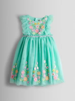 Lichtgroen - JoJo Maman Bébé Appliqué Floral Tulle Party Dress