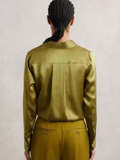 Lichtgroen - Reiss Ameira Silk-Satin Concealed-Placket Shirt