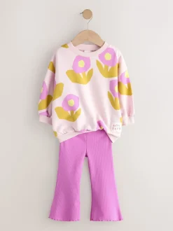 Lichtroze bloemen - Set van sweatshirt en uitlopende legging (3mnd -7jr)