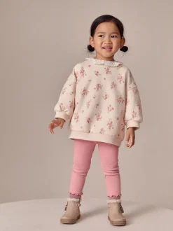 Lichtroze met fijne bloemenprint - Set van sweatshirt met kraag en legging (3mnd-7jr)