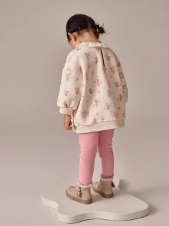 Lichtroze met fijne bloemenprint - Set van sweatshirt met kraag en legging (3mnd-7jr)