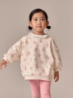 Lichtroze met fijne bloemenprint - Set van sweatshirt met kraag en legging (3mnd-7jr)
