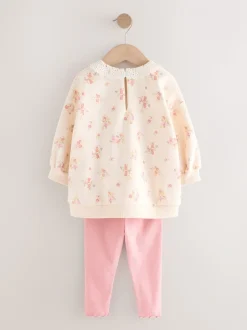 Lichtroze met fijne bloemenprint - Set van sweatshirt met kraag en legging (3mnd-7jr)
