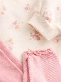 Lichtroze met fijne bloemenprint - Set van sweatshirt met kraag en legging (3mnd-7jr)