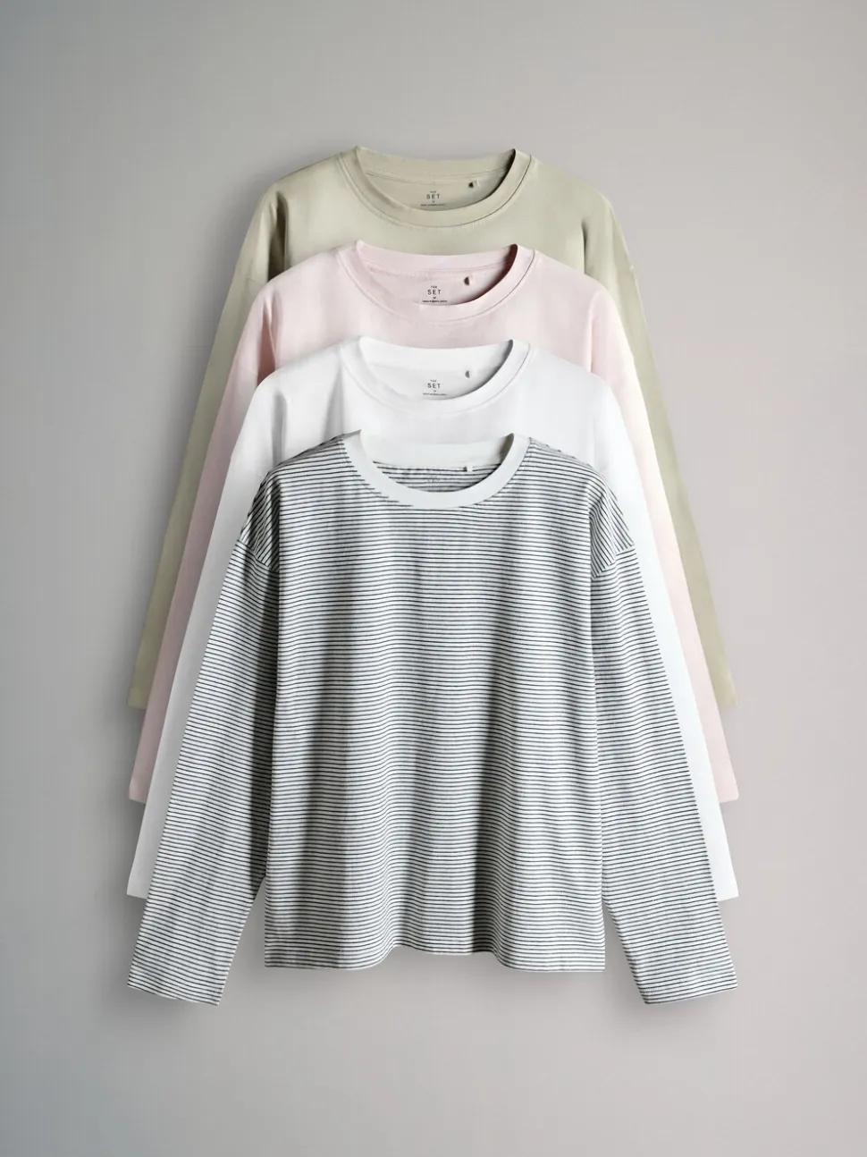 Light Green/Pink/White/Stripe - The Set 4 Pack 100% Cotton Relaxed Long Sleeve T-Shirts