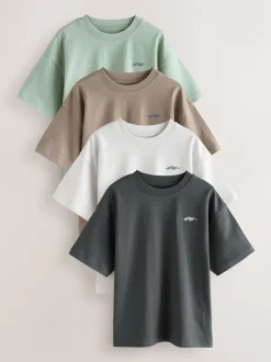 Light Grey/Brown/Dark Grey/Green - Short Sleeve Logo Chest Graphic T-Shirts 4 Pack (3-16yrs)
