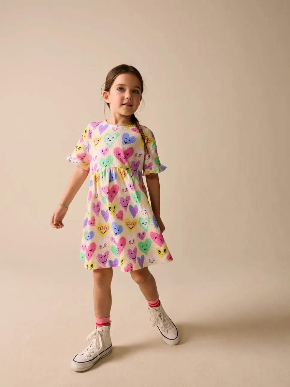 Light Yellow Heart Print - Jersey jurk met korte mouwen (3-16 jr)
