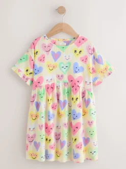 Light Yellow Heart Print - Jersey jurk met korte mouwen (3-16 jr)