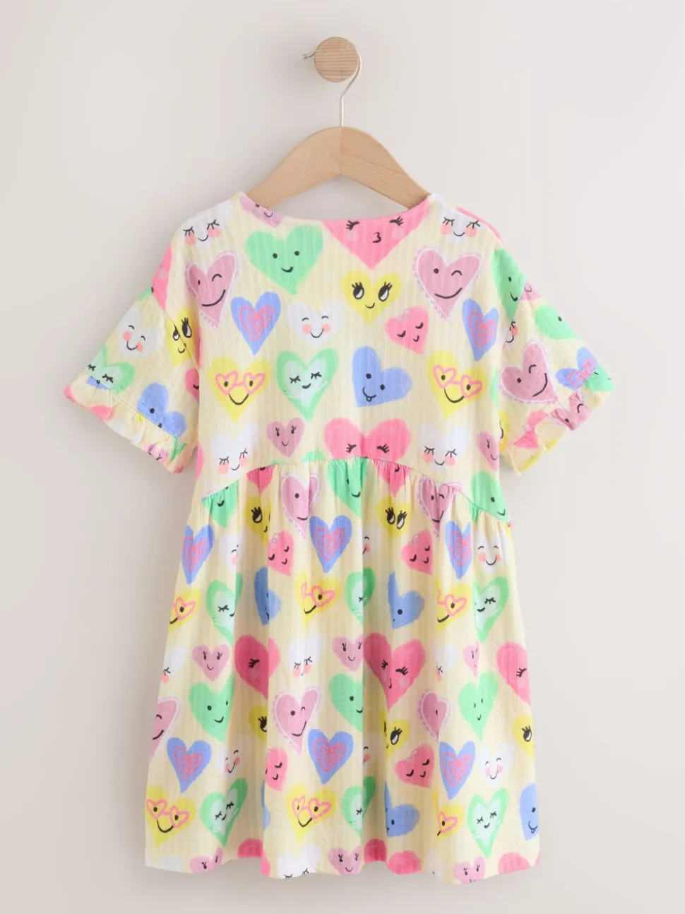 Light Yellow Heart Print - Jersey jurk met korte mouwen (3-16 jr)