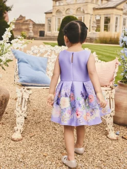 Lila met bloemenprint - Scuba Occasion Dress (3mths-7yrs)