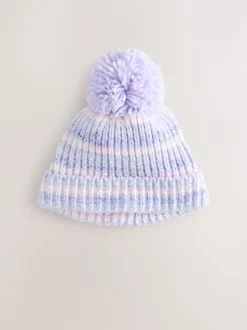 Lila ton-sur-ton - Gebreide babymuts van chenille met pompon (0mnd-2jr)