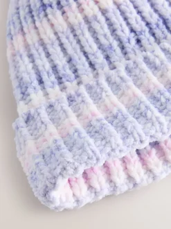 Lila ton-sur-ton - Gebreide babymuts van chenille met pompon (0mnd-2jr)