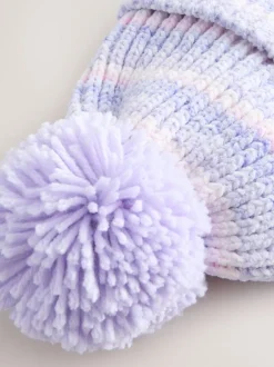 Lila ton-sur-ton - Gebreide babymuts van chenille met pompon (0mnd-2jr)