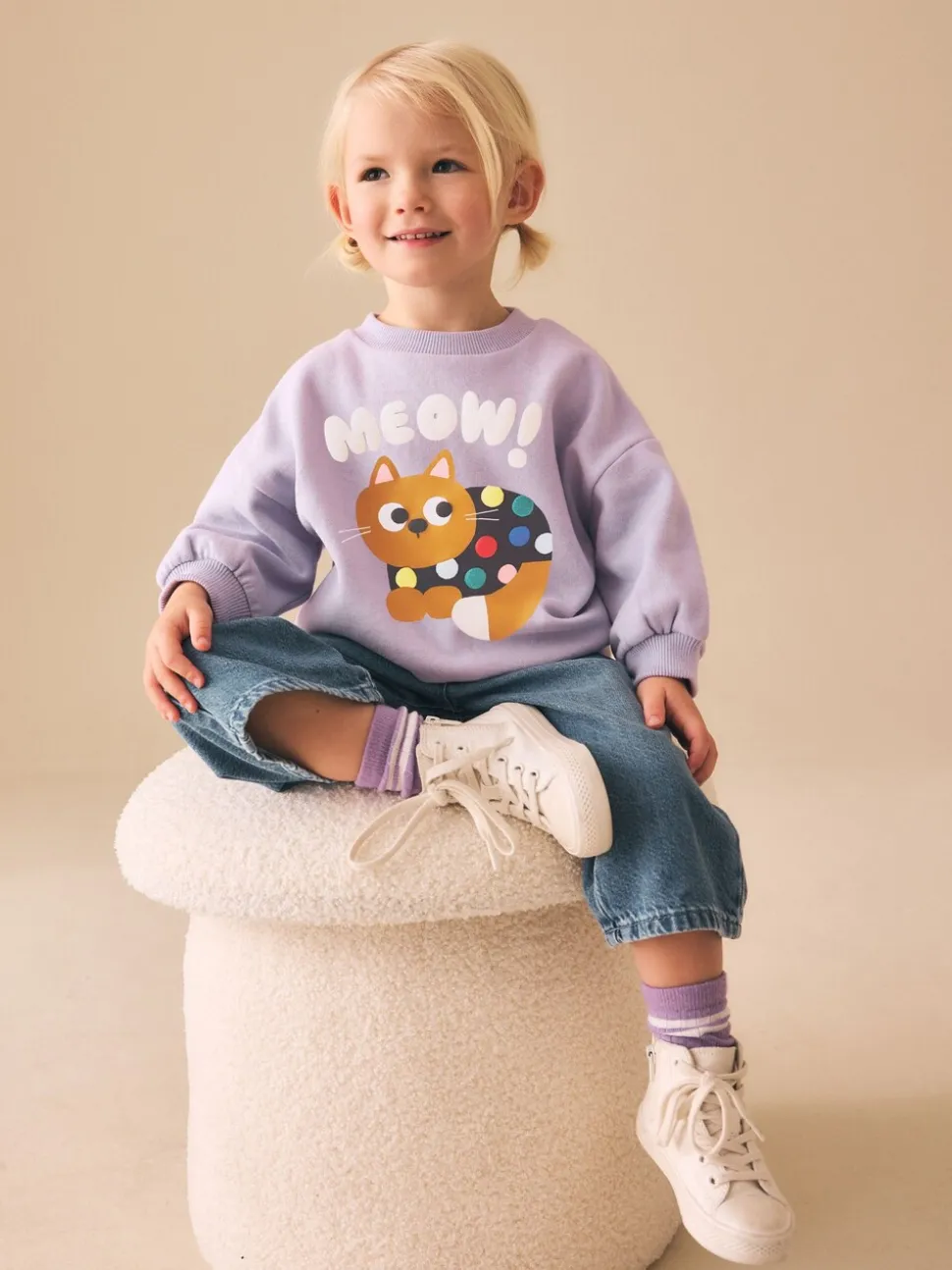 Lilac Purple Spot Cat - Sweatshirt met ronde hals (3 mnd-7 jr)