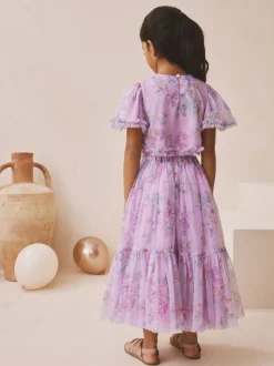 Lila-paars - Floral Embellished Top and Skirt Lehenga Set (3-16yrs)